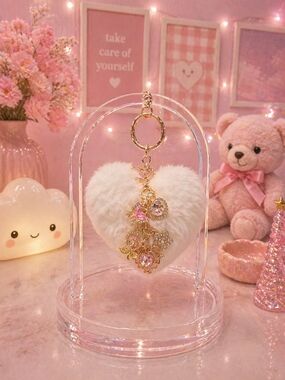 Fluffy Heart Keychain with Gold Tone Charms - White & Pink